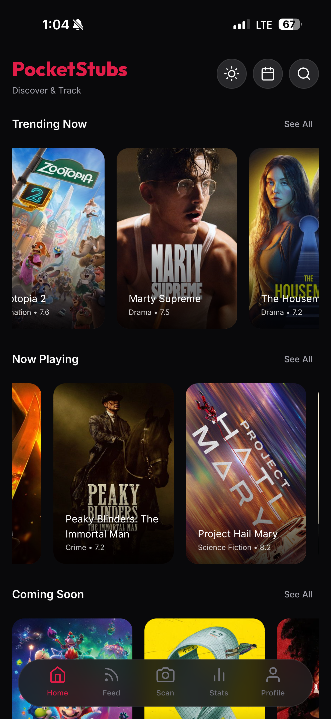 PocketStubs home screen showing trending and now playing movies